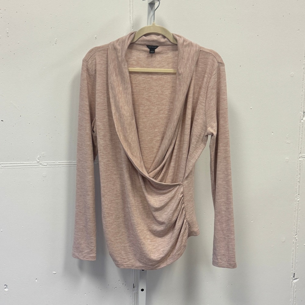 Ann Taylor Nude Pink Heathered Draped Shawl Neck Faux Wrap Top Sweater Large
